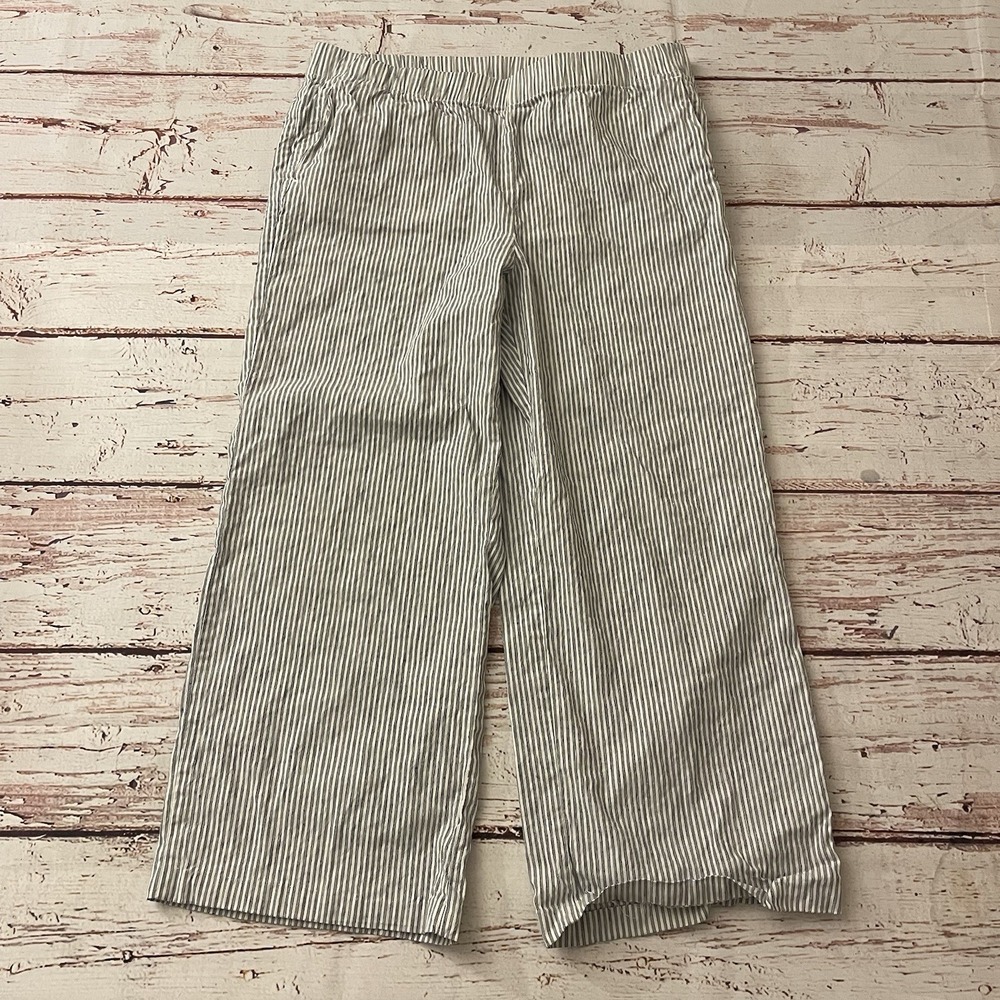 Lands End Linen Blend Pants Striped Size 12 P Blue‎ White Cropped Inseam 23"